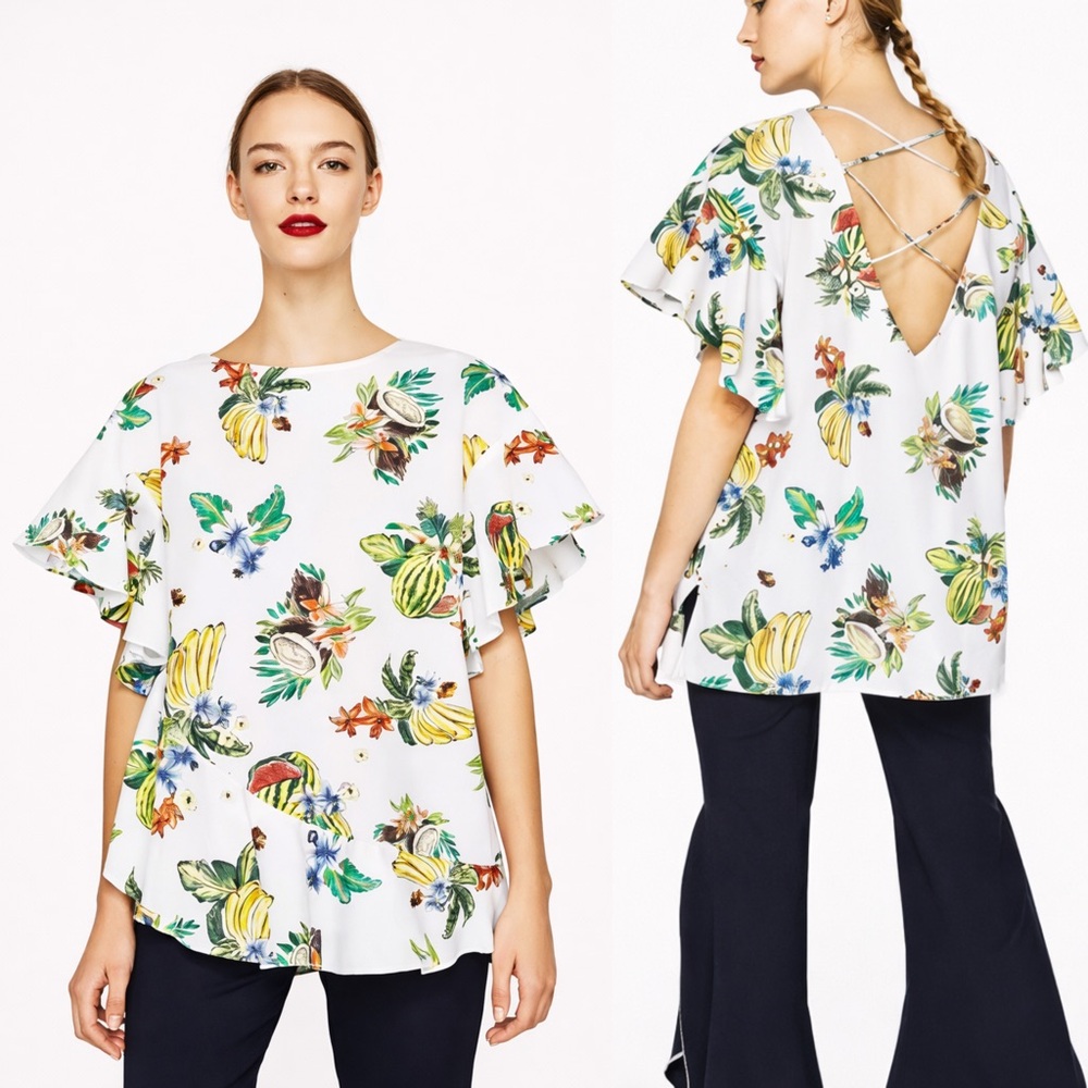 Zara NWT Ruffle Oversized Tropical Print Blouse Sz XL